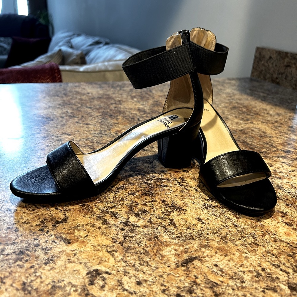 Black heeled sandals with ankle strap, zippered closure.